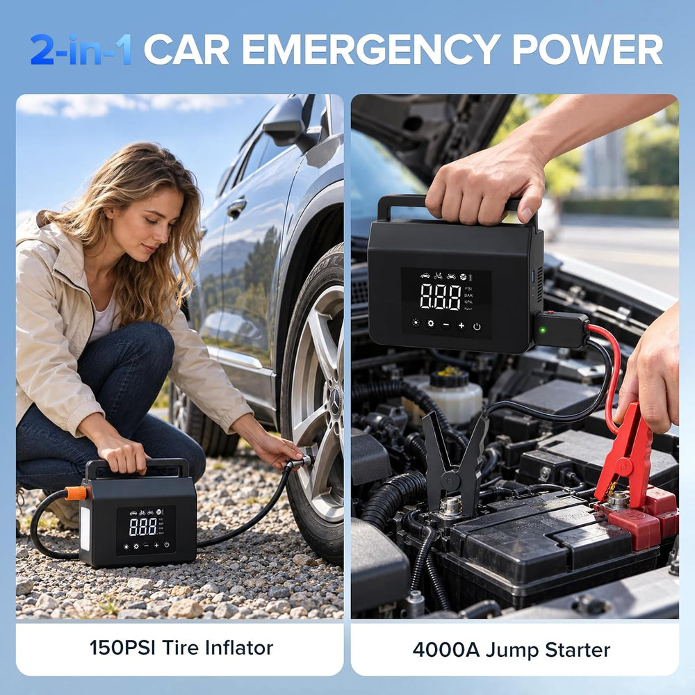 9-in-1 4000A Jump Starter with Air Compressor, 150PSI Tire Inflator for Car