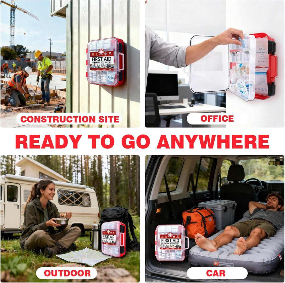 400 Pieces All-Purpose First Aid Kit, Organized Dual-Layer Wall