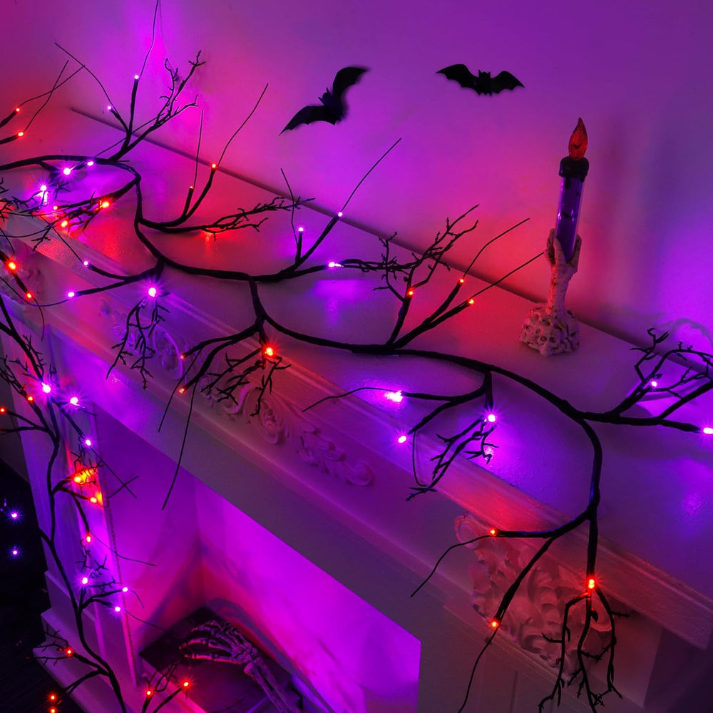 9FT 72 LED Willow Vine Twig Decorations Black Halloween Garland with Orange &...