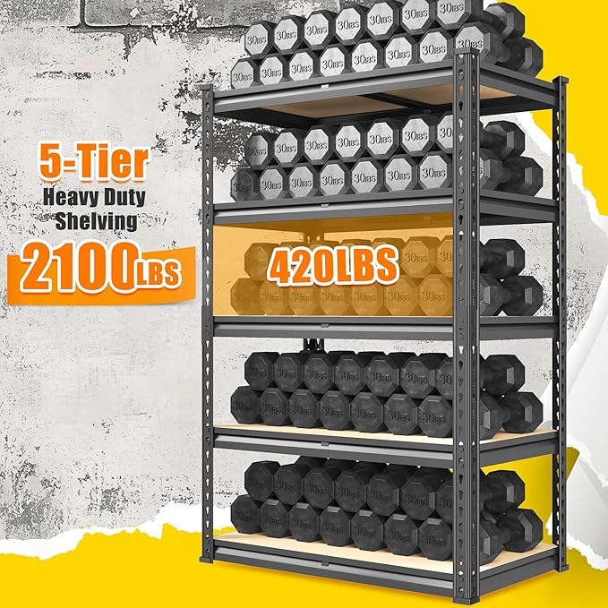 72.12" H Garage Shelving, Storage Shelves Load 2100LBS, 5-Tier Adjustabl...