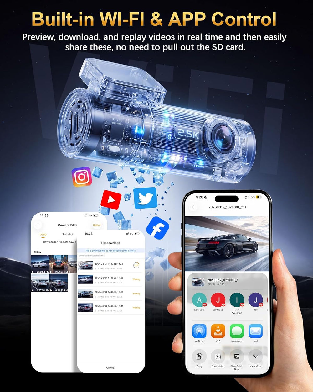2.5K Dash Cam Front, 64GB Card Included, Mini Dash Camera with WiFi & App