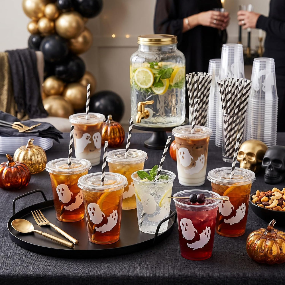Jingmore 50 Set Halloween Ghost Lattes Plastic Cup 16 oz with Lid and Straw (...