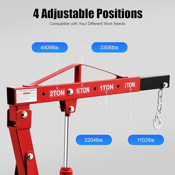 2 Ton Engine Hoist, Folding Hydraulic Engine Crane Red, Heavy Duty Cherry