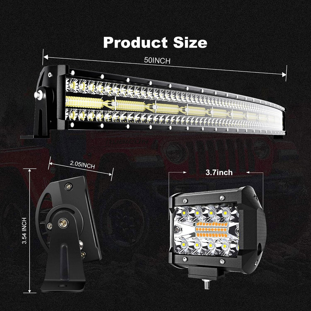 Curved 288W 50Inch LED Light Bar 3-Row 2x4inch Strobe Pods