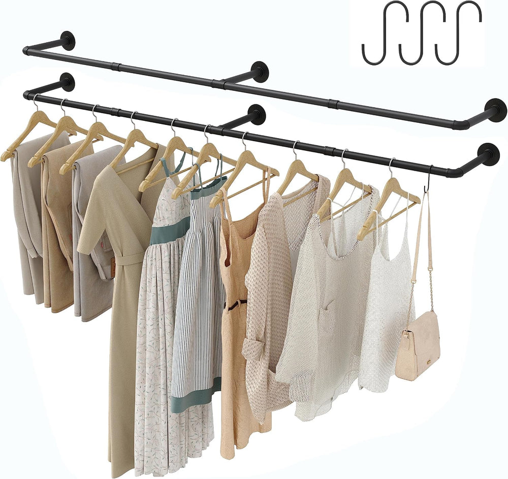 Industrial Pipe Clothes Rack with 3 S-shaped Hooks, 72’'L Wall Mounted Ga...