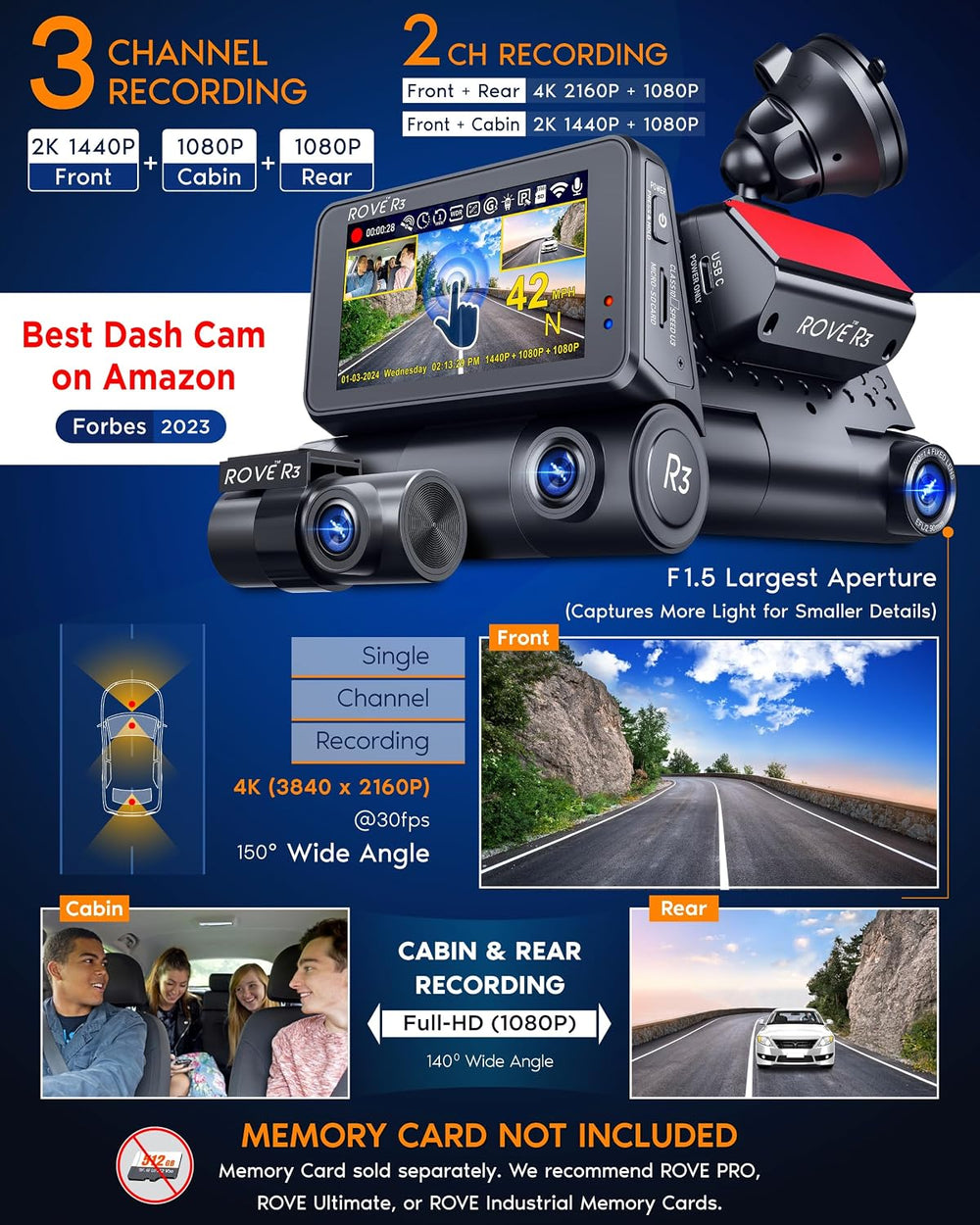 ROVE R3 3 Channel Dash Cam Front and Rear with Cabin, 3in IPS Touch Screen