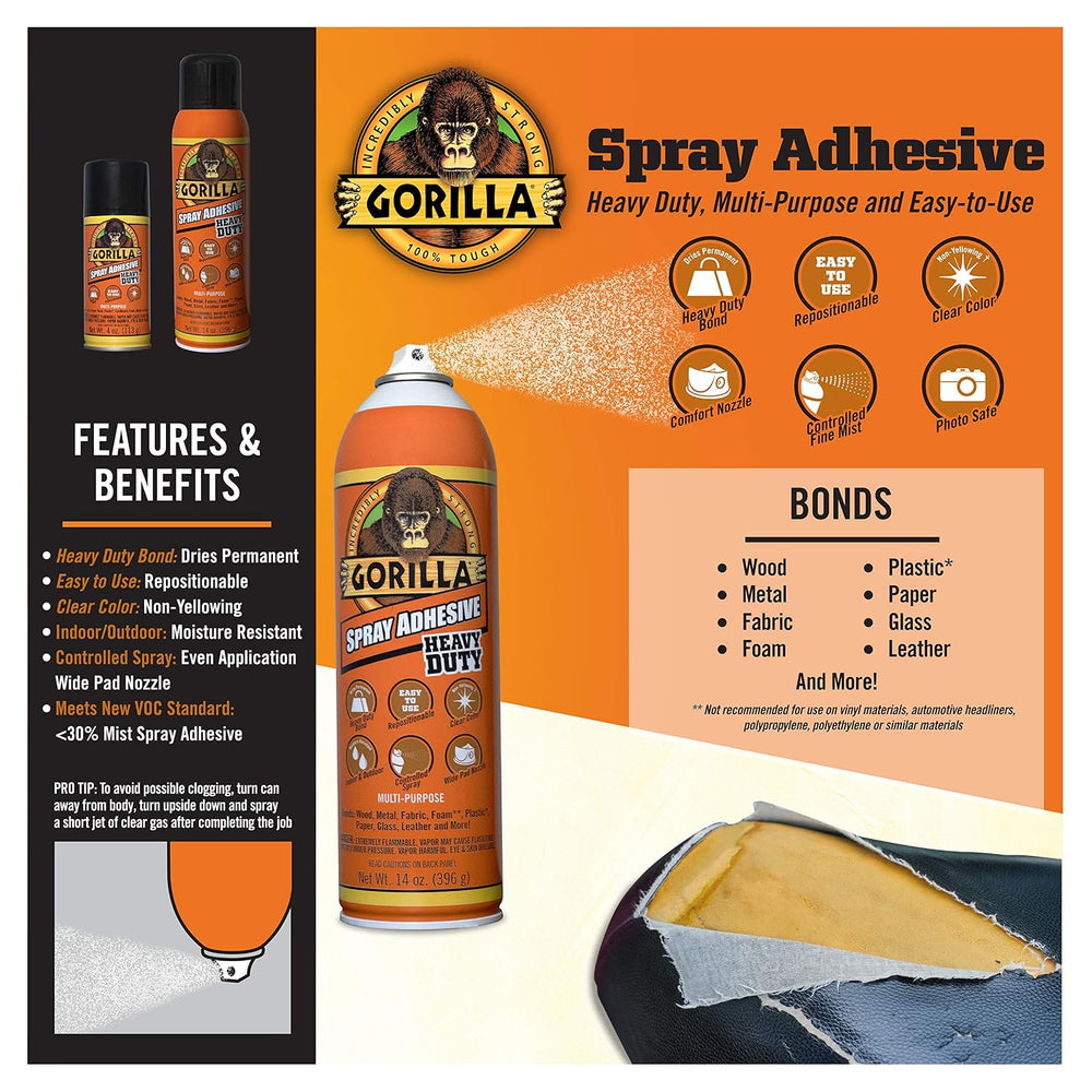 Gorilla Heavy Duty Spray Adhesive, Multipurpose and Repositionable, 14 Ounce,...
