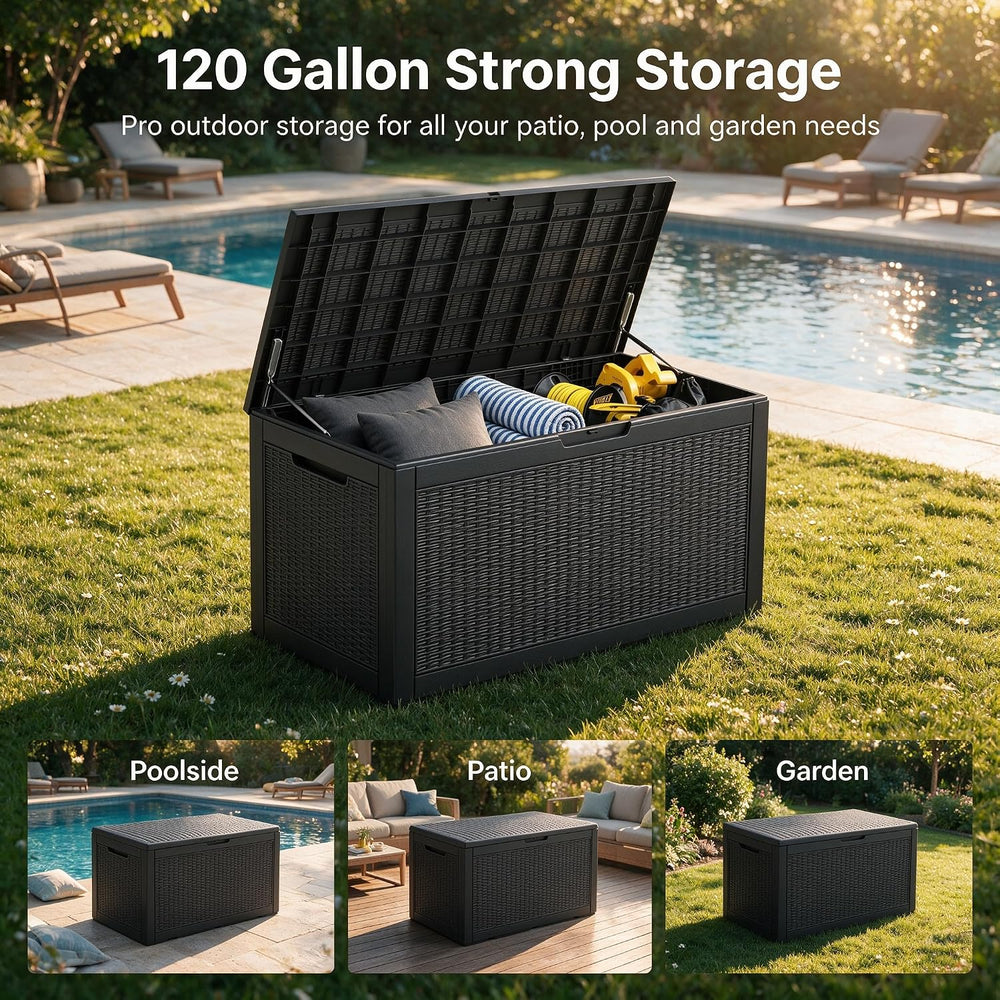 120 Gallon Deck Box,Lockable Outdoor Storage Box Gas Lift,Waterproof Black