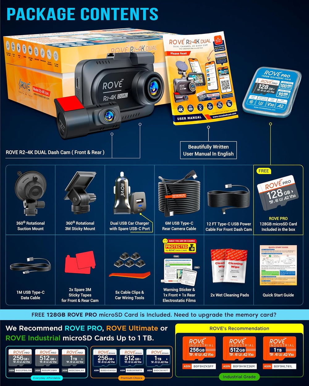 ROVE R2-4K DUAL Dash Cam Front and Rear with Ultimate Hardwire Kit