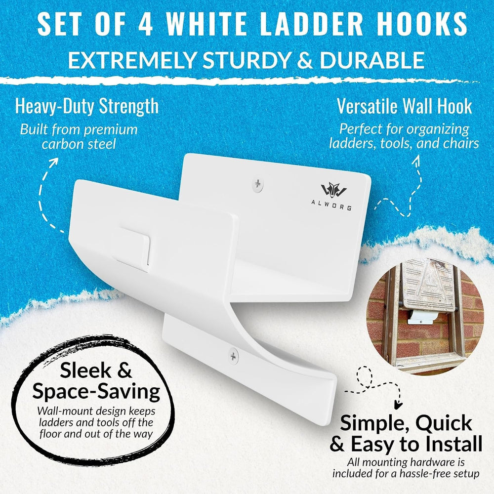 Ladder Hooks Set of 4 White - Heavy Duty Garage Bracket - Wall Mount Hanger