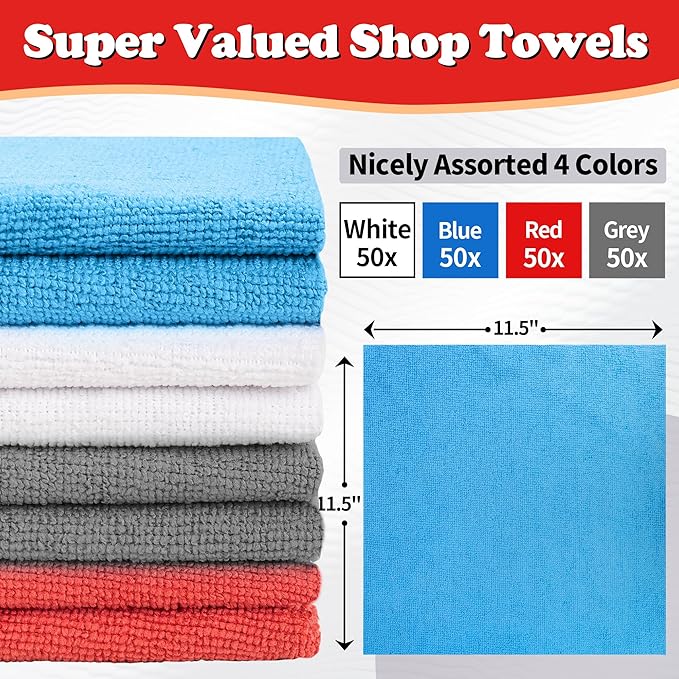 FIXSMITH Shop Towels, Microfiber Cleaning Cloth Bulk, 200 Pack Microfiber Towels