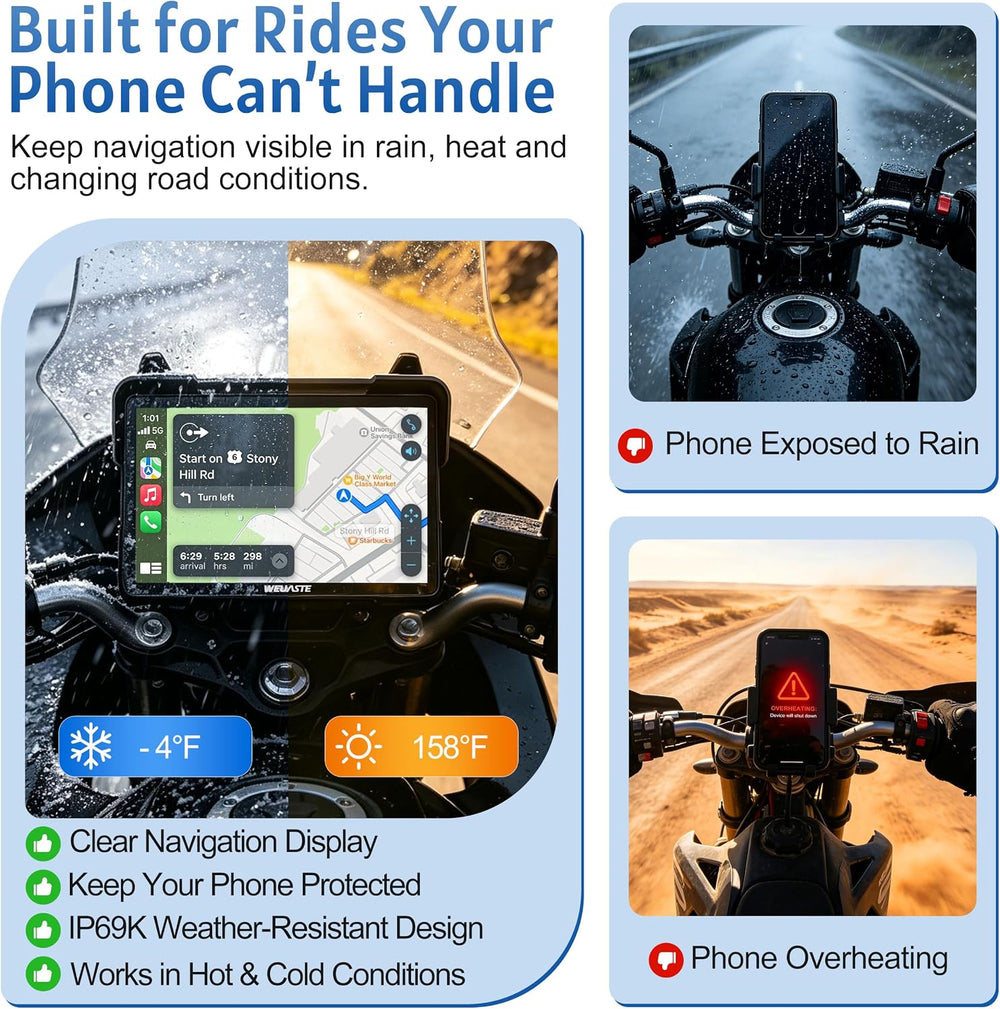 7" Motorcycle CarPlay GPS (Includes 128G SD) with Dual Dash Cam, HD Touc...