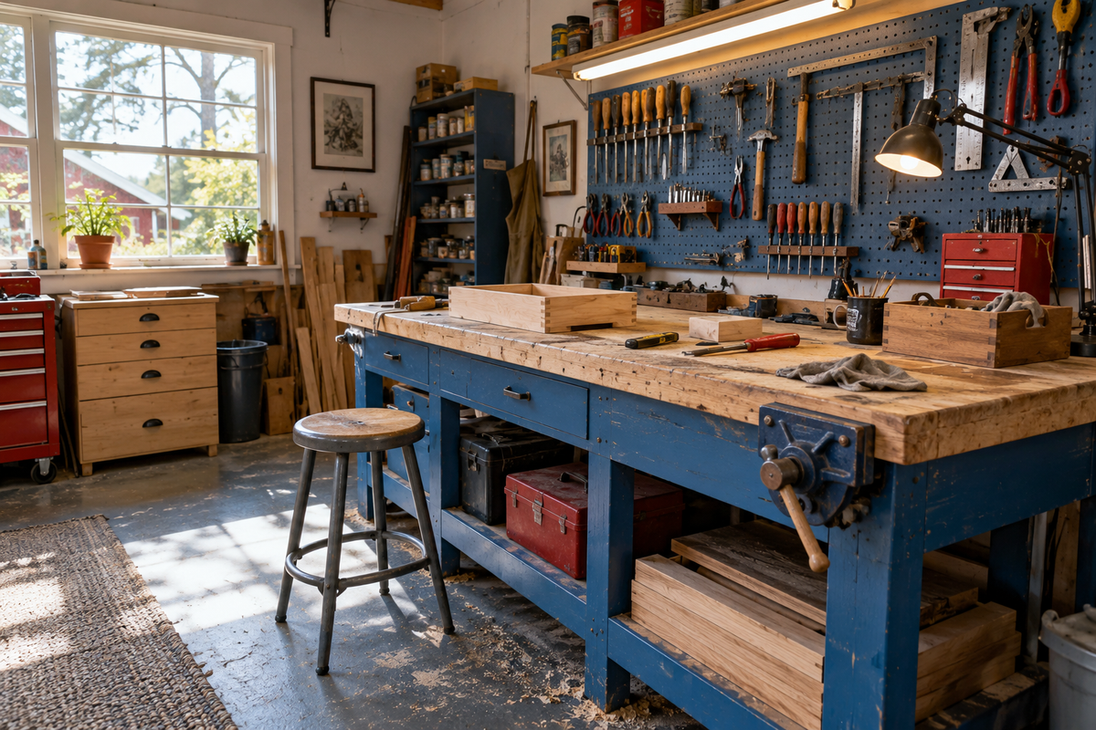 Workbenches, tool storage and task lights in a sunlit home workshop.