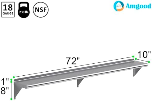 AmGood 10 in. x 72 in. (6 ft) Stainless Steel Wall Shelf with Backsplash - 18...