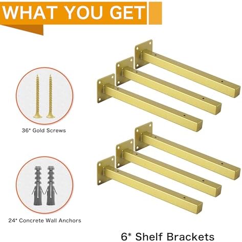 EZYDECOR 6 Pcs Gold Shelf Brackets Heavy Duty Brackets for Shelves 10 Inch