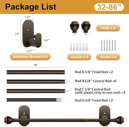 KAMANINA Curtain Rods No Drilling for Windows 32 to 86 Inch Bronze