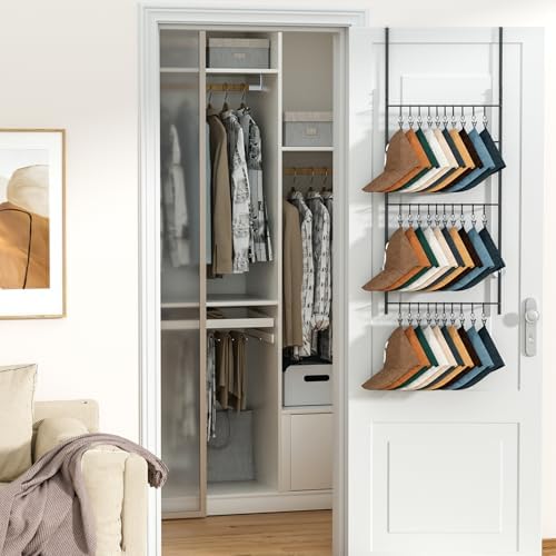 HapiRm Over Door Hat Rack - 3 Tier Wall Mounted Hat Organizer with 30 Movable...