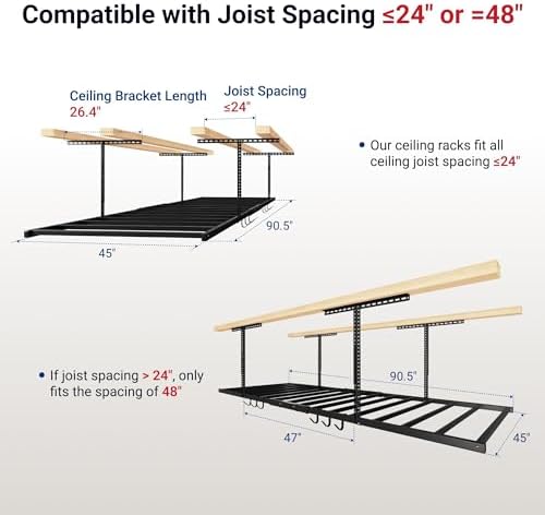 FLEXIMOUNTS 4x8 Overhead Garage Ceiling Storage Rack with 6 Hooks, Black