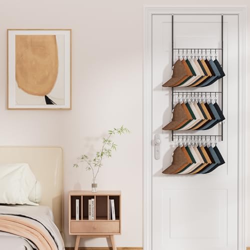 HapiRm Over Door Hat Rack - 3 Tier Wall Mounted Hat Organizer with 30 Movable...
