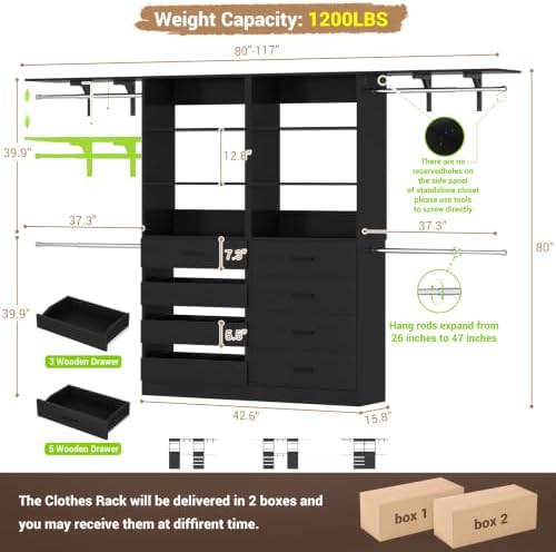Aheaplus Closet System, Wood Closet Organizer System with 8 Drawers &4 Rods