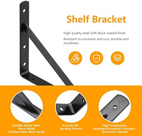 Heavy Duty Shelf Brackets, 12 x 8 Inch Black Metal L Brackets, 6 Pack