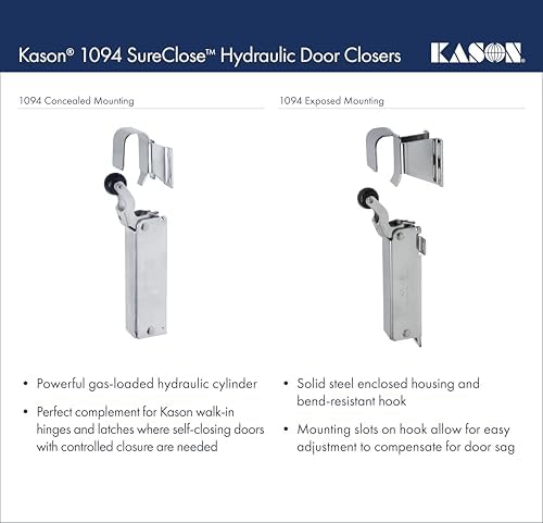 Kason 1094 SureClose Hydraulic Door Closer and Hook, Exposed Mounting, Adjust...