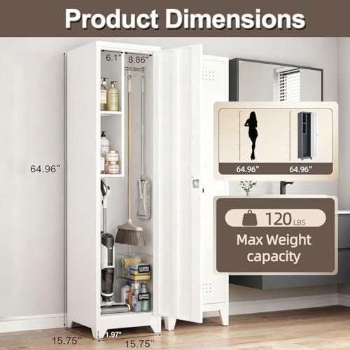 Slim Broom Closet Storage Cabinet, 65" H Metal Cabinets with Lock and Sh...