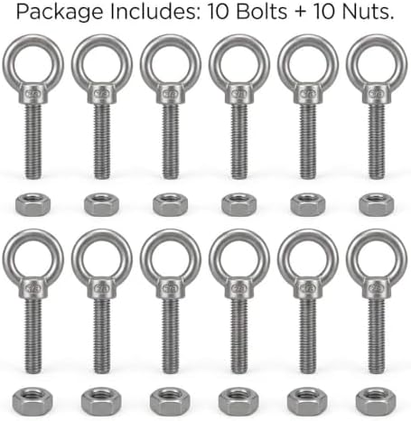 QWORK 3/8"x6" Stainless Steel Shoulder Eye Bolts – 10 Pack Machine ...