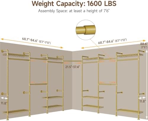 ONBRILL L7 Wall Mounted Industrial Pipe Clothing Rack, Corner Closet System