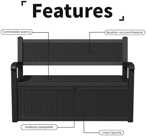 PatioZen 80 Gallon Outdoor Storage Bench Deck Box, Black
