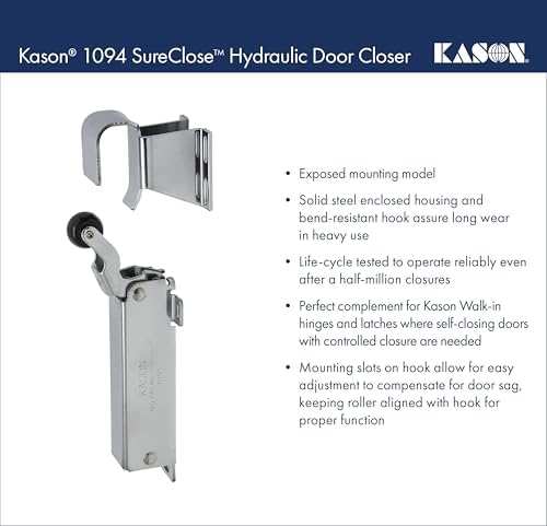Kason 1094 SureClose Hydraulic Door Closer and Hook, Exposed Mounting, Adjust...