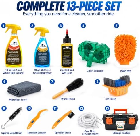 Bike Cleaning Kit, 13-Piece with Degreaser, Lube & Chain Scrubber
