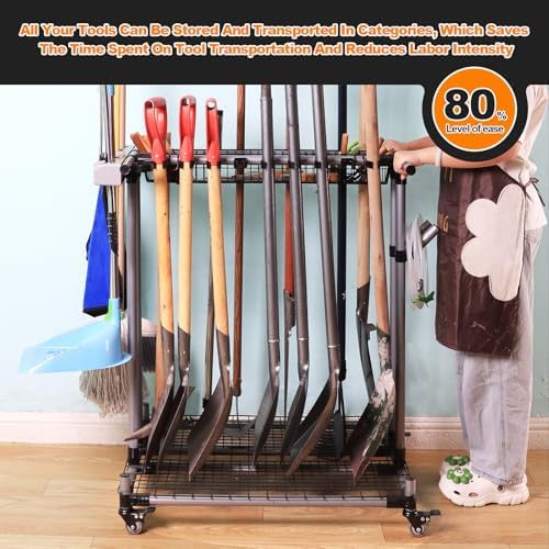 Garden Tool Storage Rack with Wheels Heavy-Duty Organizer for Garage, Yard, a...