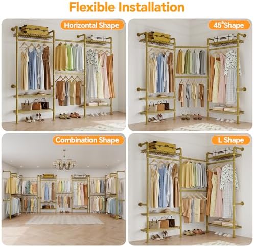 Higeego W3 Wall Mounted Clothes Rack, Industrial Pipe Clothing Rack, Gold
