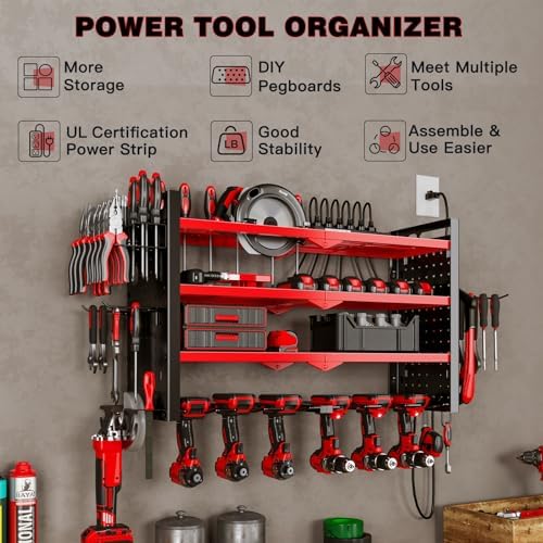 NattyDot Cordless Power Tool Organizer Wall Mount, 6 Drill Holders, Red