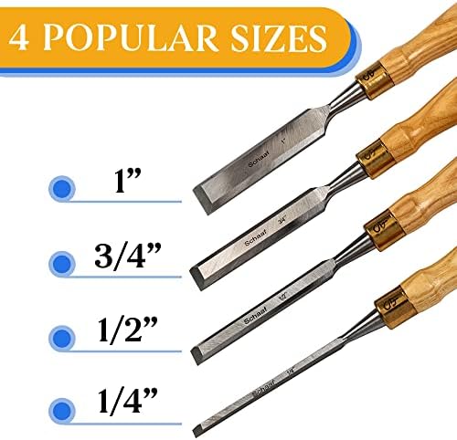 Schaaf Tools 4-Piece Wood Chisel Set for Woodworking, Cr-V 60 Steel Blades