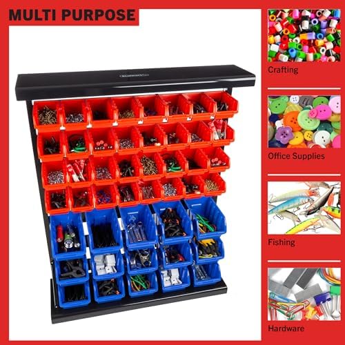 47-Bin Garage Organization Rack (15 Large, 32 Small) - Tabletop or Wall Mount...