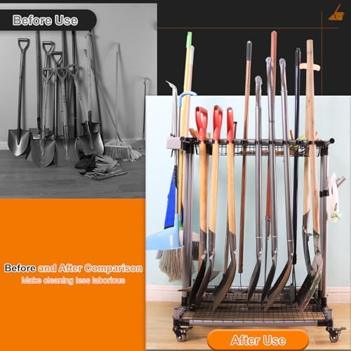 Garden Tool Storage Rack with Wheels Heavy-Duty Organizer for Garage, Yard, a...