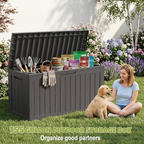 DRATO 155 Gallon Deck Box Waterproof Outdoor Storage Box with Wheels, Black