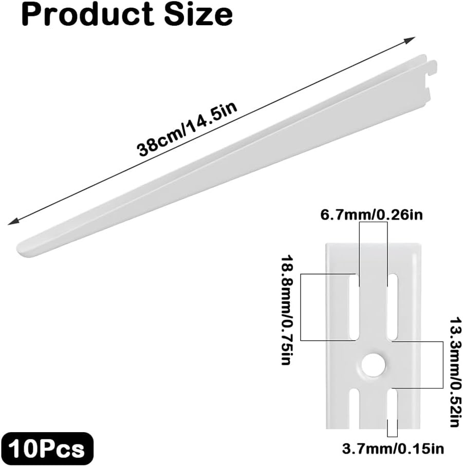 10Pack White Adjustable Shelf Brackets for Double Track, 14.5 Inch