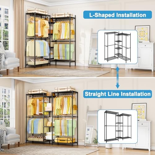 Ulif E4 Clothes Rack, Heavy-Duty Garment Rack Can Be L-Shaped Closet, Black