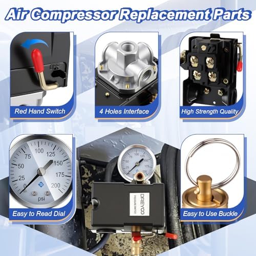 Dreyoo Air Compressor Pressure Switch, 135-175 PSI, 4 Port Plug Fitting Kit