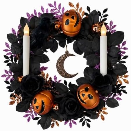 18'' Halloween Wreath with Lights, Black Roses, Crow, Pumpkin