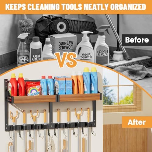 Broom Holder Wall Mount, Broom and Mop Organizer Wall Hanging with Shelf