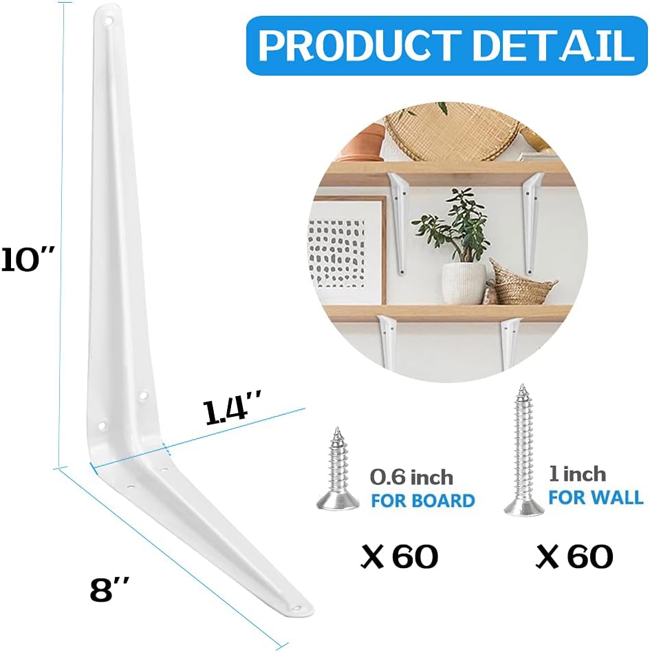 20 Pack Shelf Brackets 10 Inches White, Heavy Duty Steel Metal L Brackets for...