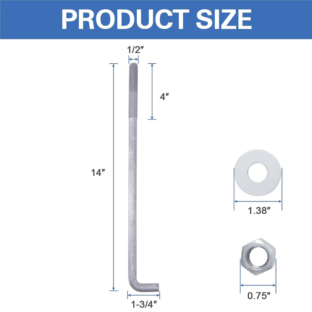 1/2" x 14" Concrete Anchor Bolts (10 Pack) L Shaped, Hot-Dip Galvan...