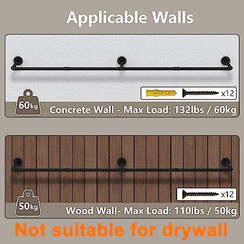 Industrial Pipe Clothes Rack with 3 S-shaped Hooks, 72’'L Wall Mounted Ga...