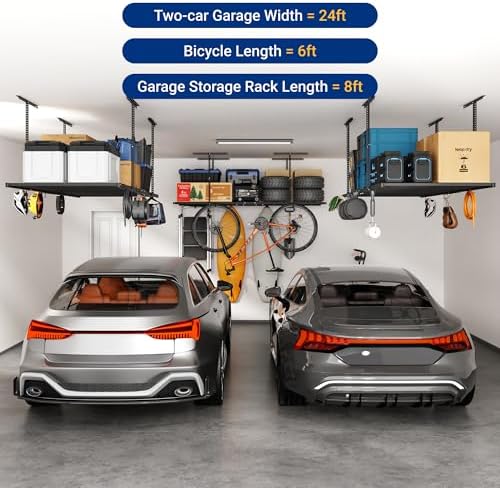 FLEXIMOUNTS 4x8 Overhead Garage Ceiling Storage Rack with 6 Hooks, Black