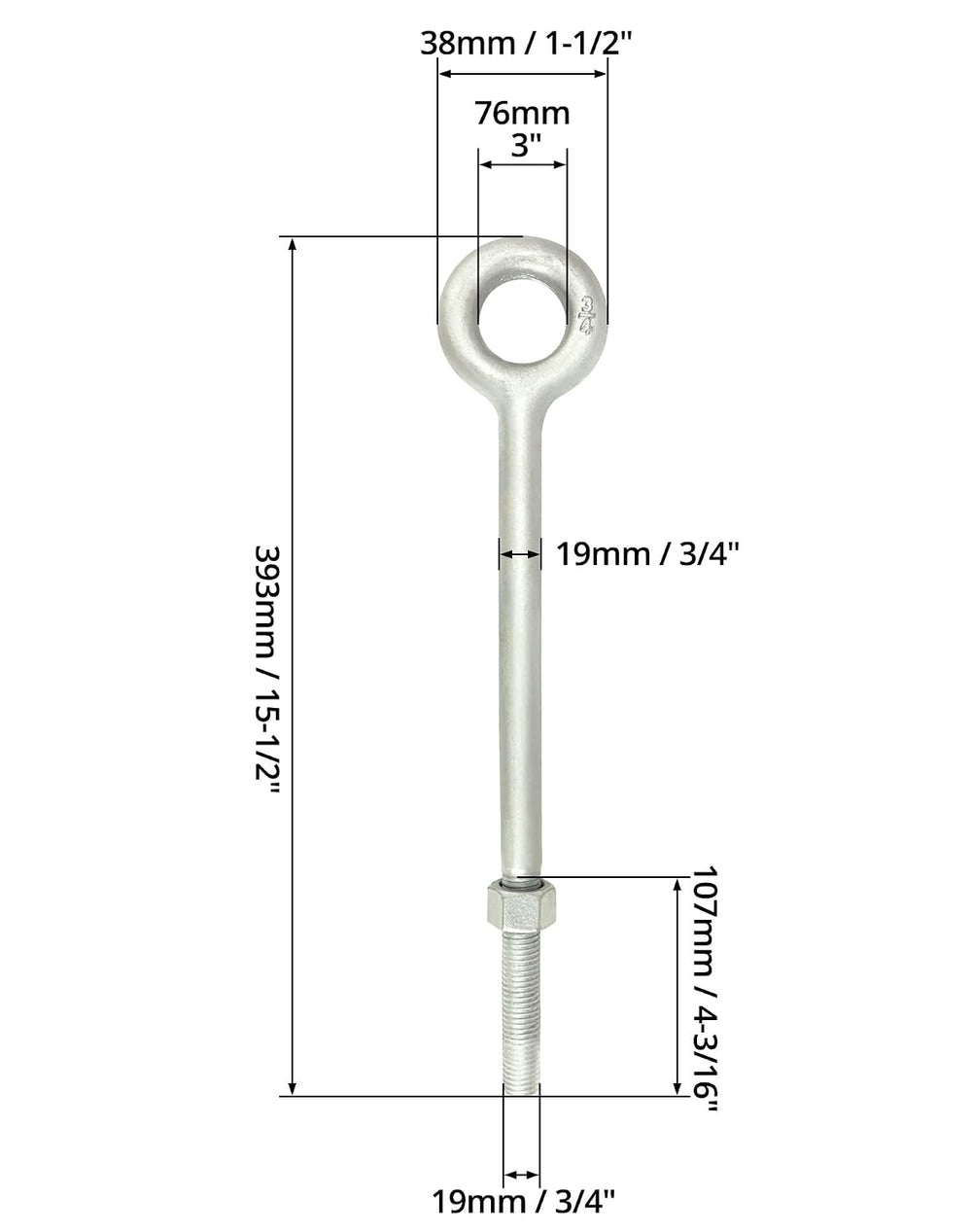 QWORK Eye Bolt with Nuts, 3/4'' x 12" Galvanized Eye Bolt, 2 Pack