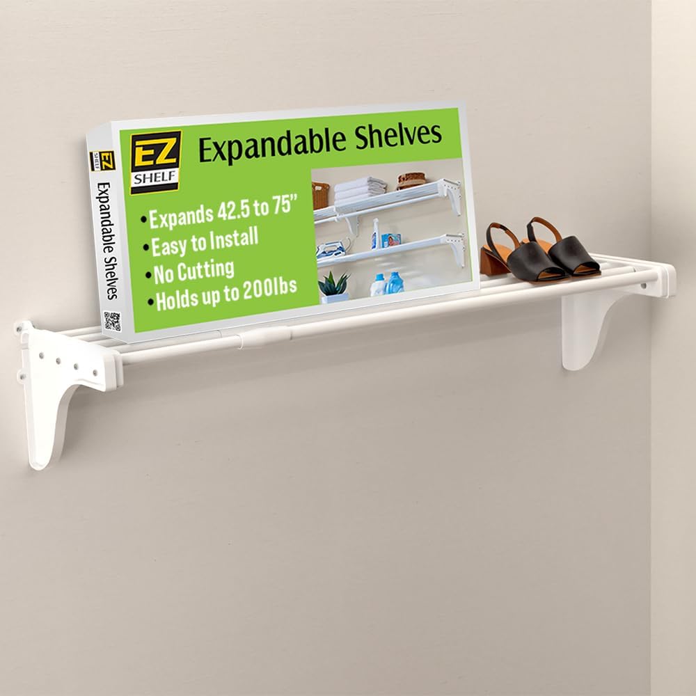 EZ Shelf-Expandable-Closet Shelf (NO Hanging Rod)- 42.5” to 75” -White-Easy I...